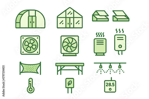 Greenhouse farming equipment and climate control technology icons for agriculture business