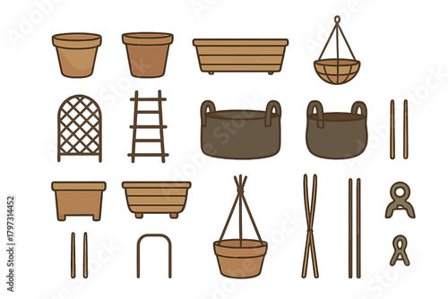 Set of gardening containers, accessories, pots, planters, baskets, and trellises