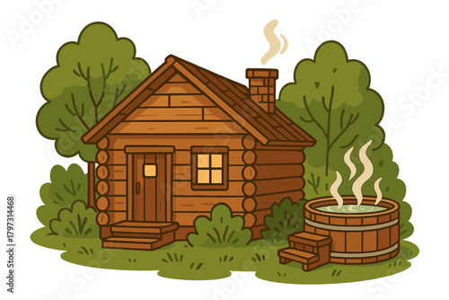 Cozy wooden log cabin house with a steaming outdoor hot tub surrounded by green trees and bushes