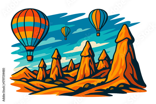 Colorful hot air balloons floating above the iconic fairy chimney rock formations