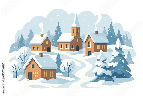 Cozy winter village scene featuring houses and a church covered in fresh snow among pine trees