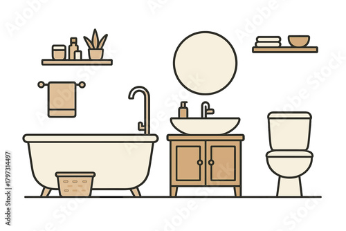Minimalist modern bathroom interior design set with bathtub, vanity, toilet, and mirror