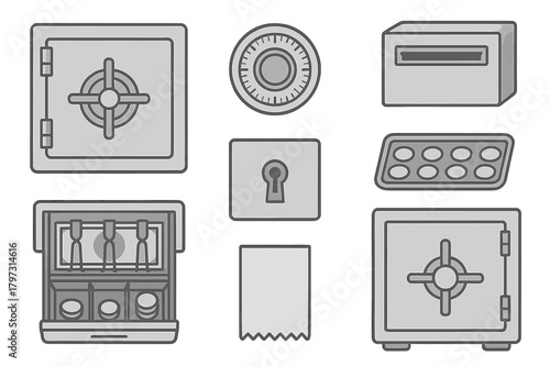 Grayscale collection of financial security elements including safes, cash register, keyhole, and keypad