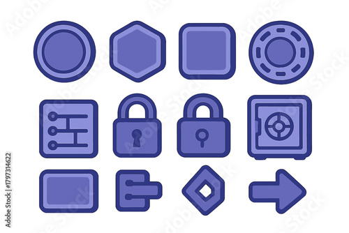 Essential user interface icons with security padlocks, safe box, settings, and navigation elements