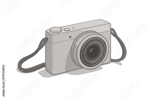 Compact digital camera with wrist strap lying flat on a clean white background