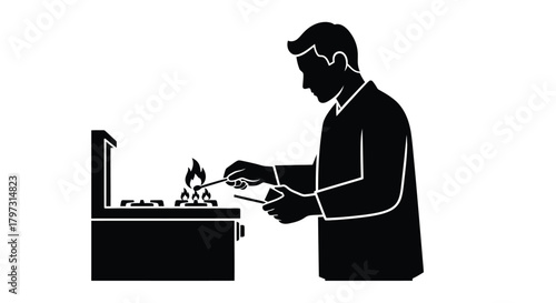 A man lighting a gas stove with a long lighter in silhouette