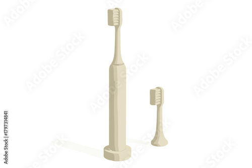 Modern electric toothbrush and replacement head on charging base isolated on white background