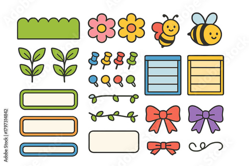 Cute graphic elements set with bees, floral icons, pushpins, ribbons, and colorful memo frames