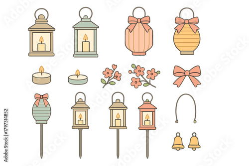 Pastel colored garden party decorations featuring lanterns, candles, bows, flowers, and bells