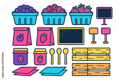 Colorful set of farm stand icons featuring fresh berries, jam jars, crates, and signage