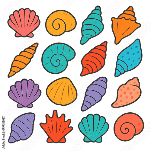 Vibrant collection of colorful marine seashells and spiral snail shells on a white background