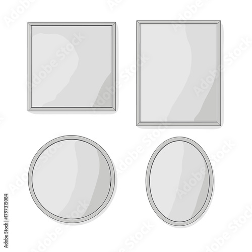 Realistic set of four blank mirrors with silver frames: square, rectangular, round, and oval