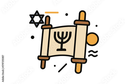Jewish Torah scroll with Menorah symbol and Star of David religious icon