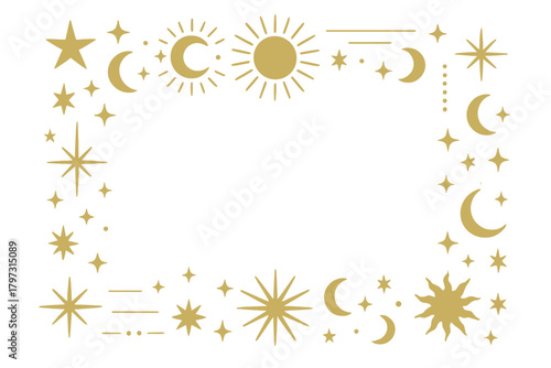Golden celestial border frame featuring suns moons and sparkling stars for mystical design