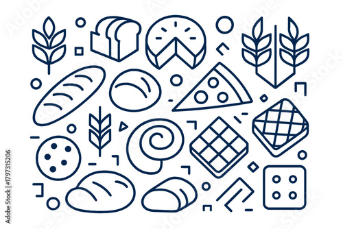 Seamless pattern of baked goods, grains, and breakfast foods in modern linear style