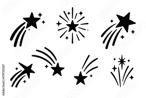 Stylized shooting stars and sparkle burst icons in black silhouette design