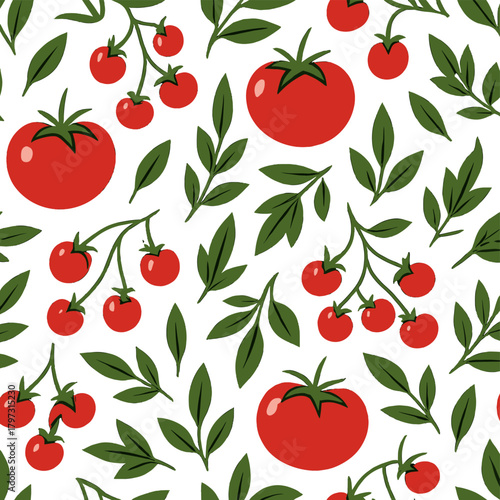 Vibrant seamless repeating pattern featuring ripe red tomatoes and lush green foliage