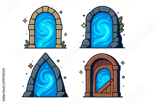 Magical fantasy portals collection featuring glowing blue energy fields