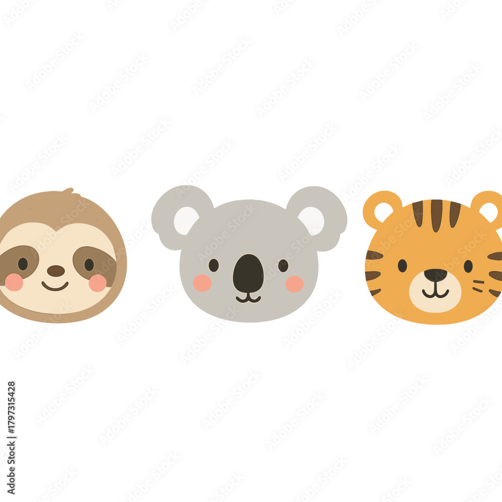 Fototapeta premium Adorable cartoon animal faces featuring a sloth, koala, and tiger cub