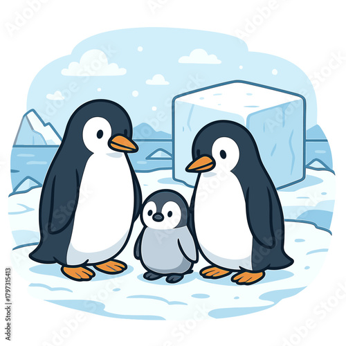 Cute penguin family standing together on an icy landscape with snow and clouds