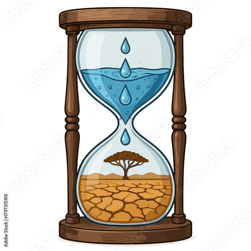 Hourglass symbolizing water scarcity and climate change over cracked dry earth and a lone tree