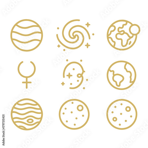 Minimalist gold line icons set of celestial bodies, planets, galaxy, and astrology symbols