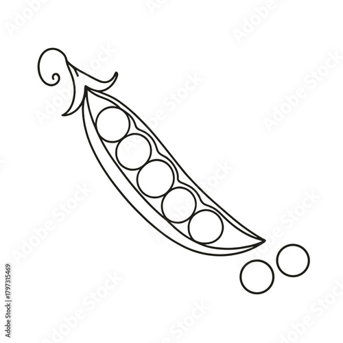 Black and white line art of an open pea pod revealing fresh green peas