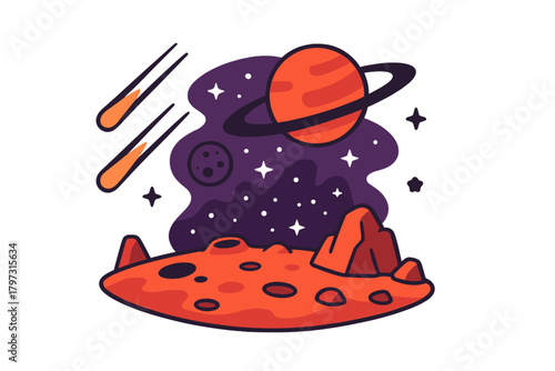 Stylized cosmic landscape featuring a ringed planet, shooting stars, and a cratered asteroid surface
