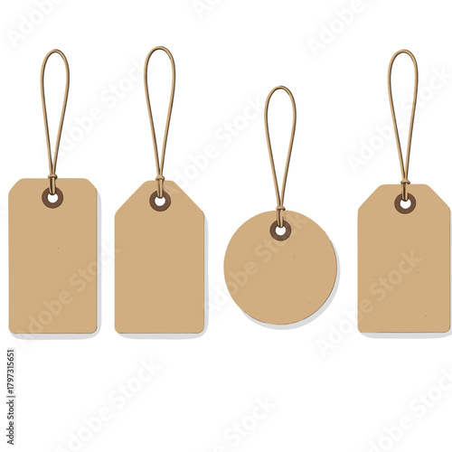Collection of blank brown kraft paper price tags and labels hanging by strings