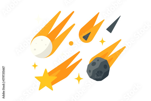Group of stylized space rocks comets and bright shooting stars with fiery tails
