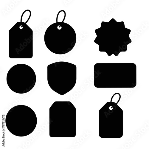 Black silhouette price tags, labels, and badges in various shapes for retail and e-commerce design