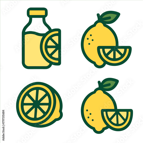 Set of fresh lemon and citrus fruit icons including whole, sliced, and bottled juice