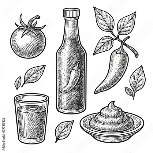Hand drawn sketch of hot sauce bottle, chili peppers, tomato, and spicy food ingredients