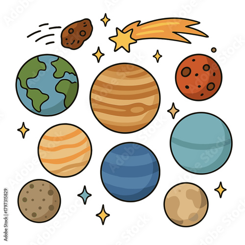 Colorful cartoon planets and space objects including Earth Jupiter Mars comet and asteroid