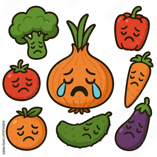 Collection of cute cartoon sad vegetables and produce characters crying