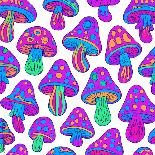 Vibrant seamless pattern of stylized psychedelic mushrooms in bright neon colors