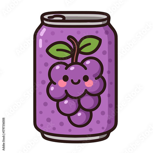 Adorable purple soft drink can featuring a cheerful grape character mascot