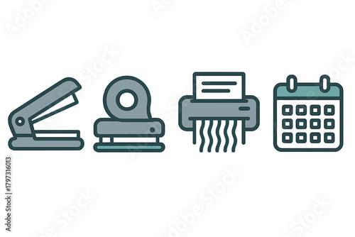 Set of supplies and business icons including stapler hole punch paper shredder and calendar tools