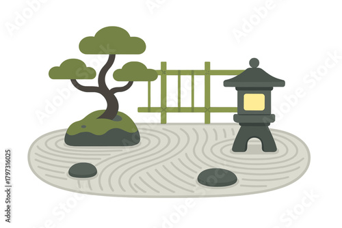 Minimalist Japanese Zen garden design with bonsai, stone lantern, and raked sand