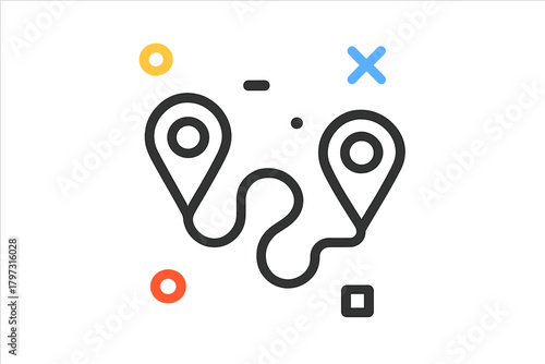Winding route path connecting two geographical points with location markers