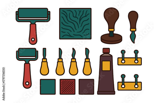 Essential equipment set for linocut and woodcut printmaking featuring rollers, gouges, and ink tube