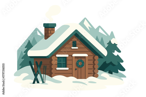 Cozy wooden log cabin covered in snow with skis and a wreath in a winter mountain landscape
