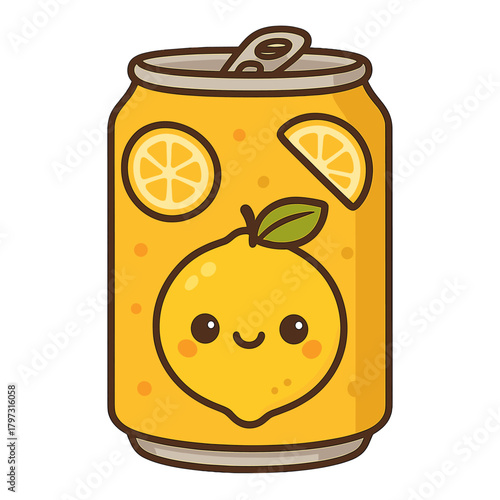 Cheerful kawaii aluminum beverage can featuring a happy lemon fruit character