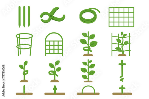 Green gardening tools and plant supports including stakes, trellises, cages, and shears