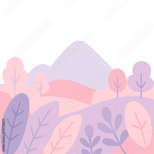 Stylized pastel landscape background with layered hills, mountains, and abstract forest