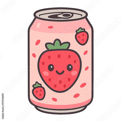 Cute pink beverage can featuring a smiling strawberry character drawn in kawaii style