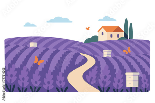 Purple lavender field landscape with winding path leading to a traditional farmhouse and cypress trees
