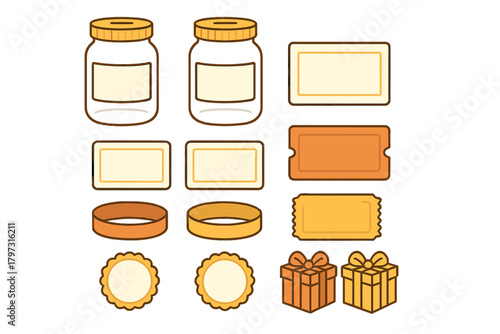 Set of blank labels, tickets, jars, wristbands, and gift boxes in warm orange and yellow tones
