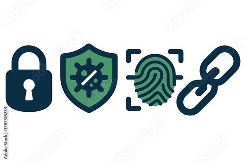 Digital security concepts set featuring padlock, antivirus shield, biometric authentication, and blockchain link