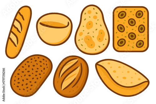 Assortment of fresh baked goods including baguette, rolls, flatbread, and focaccia bread